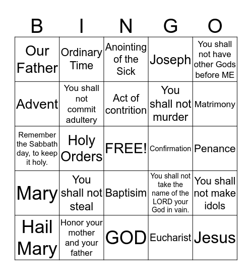 Church School Bingo Card