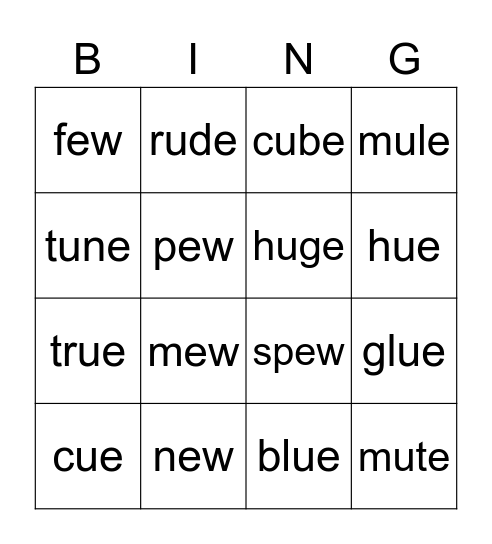 Long Vowel U Variants Bingo Card