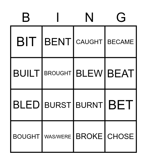IRREGULAR VERBS BINGO Card