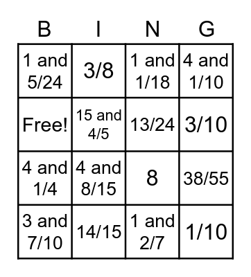 Fraction Review Bingo Card