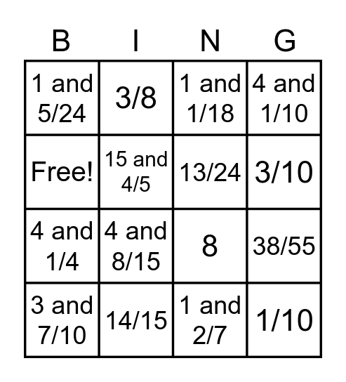 Fraction Review Bingo Card