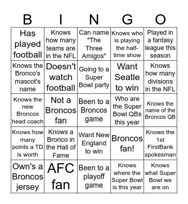 Fan Bingo!!!! Bingo Card