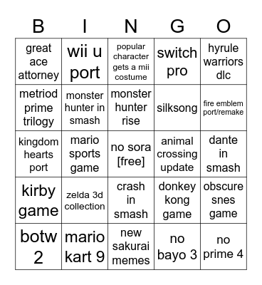 nintendo direct 2/17 Bingo Card
