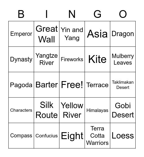 CHINA Bingo Card