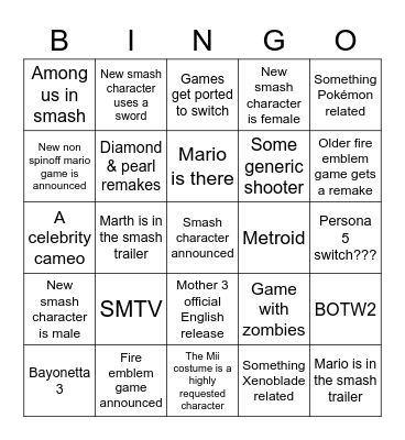 Nintendo direct Bingo Card