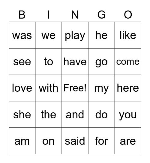 Sight Words Bingo Card