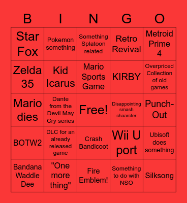 Nintendo Direct Bingo Card