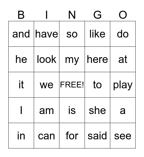 Sight Word Bingo Card