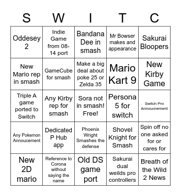 Nintendo Direct 2/17 Bingo Card