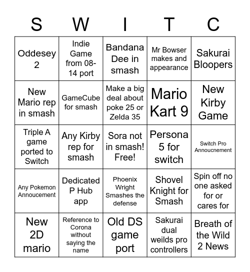 Nintendo Direct 2/17 Bingo Card