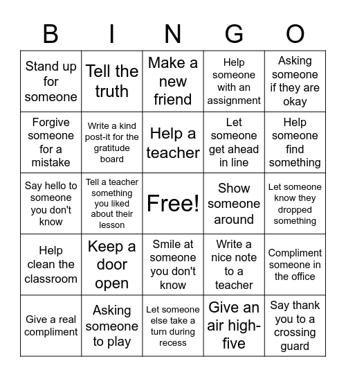 Kindness Week Bingo Card
