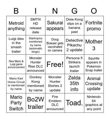 2/17 Nintendo Direct Bingo Card