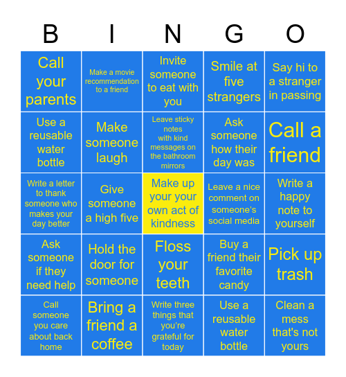 National Random Acts of Kindness Bingo Card