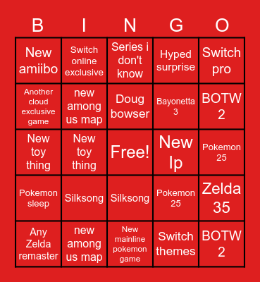 Nintendo Direct Bingo Card