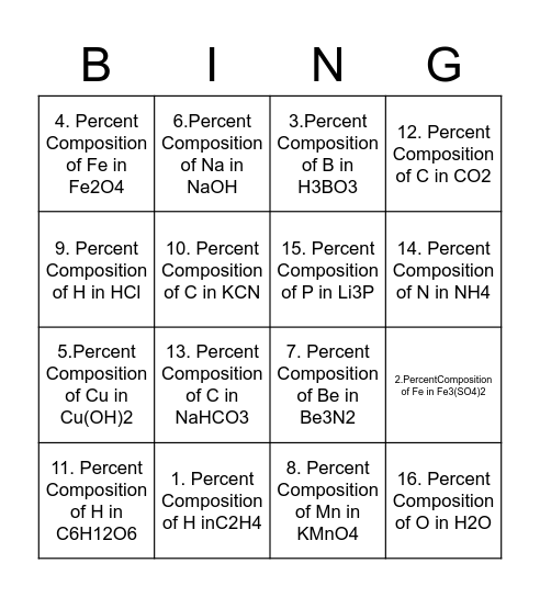 Percent Composition Bingo Card