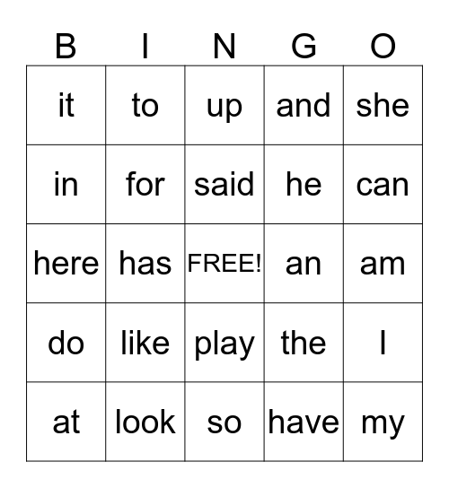 Sight Word Bingo Card