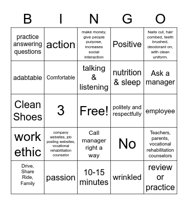 Work Skills Bingo Card