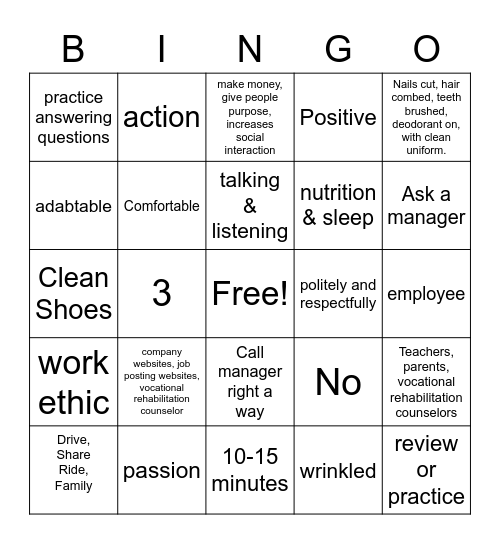 Work Skills Bingo Card