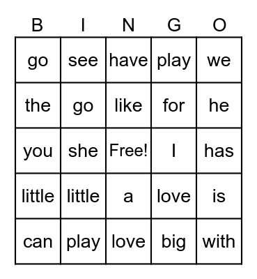 Sight Words Bingo Card