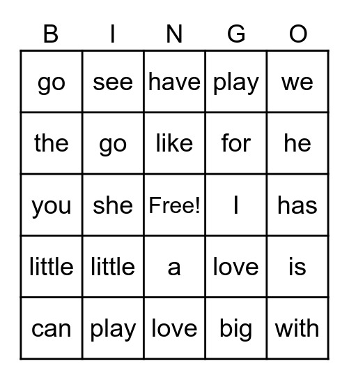 Sight Words Bingo Card