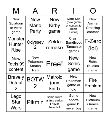 Nintendo Direct Predictions Bingo Card