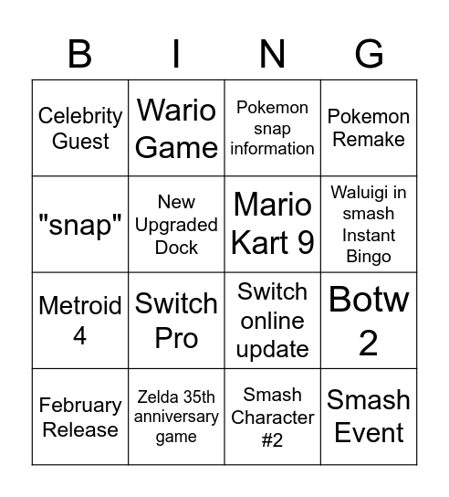 Nintendo Direct 2/17/21 predictions Bingo Card