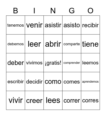 -er -ir verbs Bingo Card