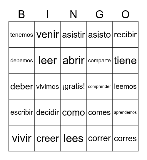 -er -ir verbs Bingo Card
