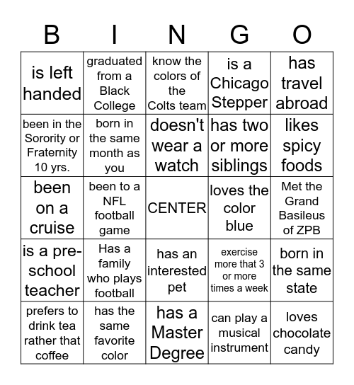 ZETA SUPER BOWL NIGHT Bingo Card