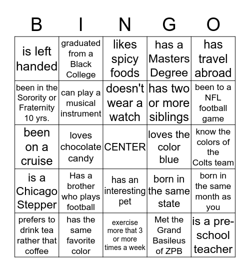 ZETA SUPER BOWL NIGHT Bingo Card