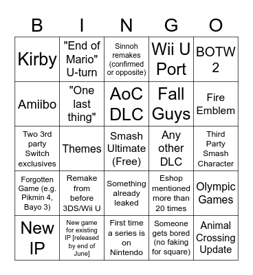 Warwick NinSoc Nintendo Direct Bingo Card