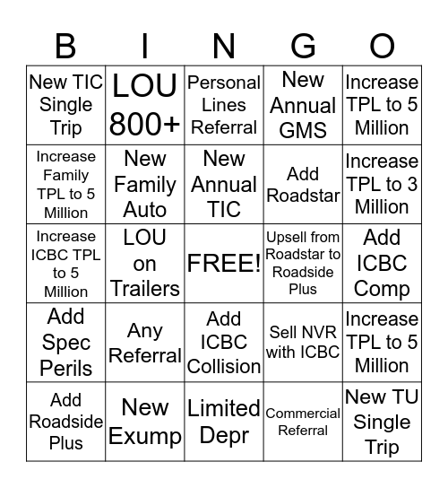 Auto/Travel/Referral Bingo Card
