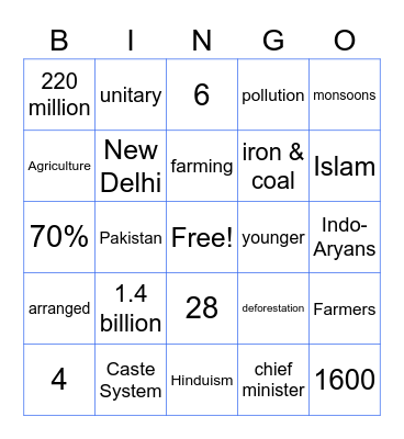 India Bingo Card