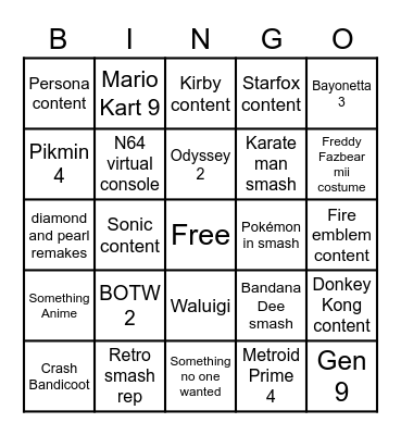 Nintendo direct bingo Card