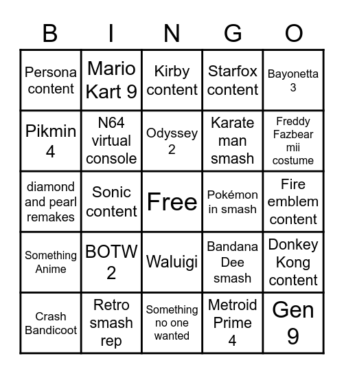 Nintendo direct bingo Card