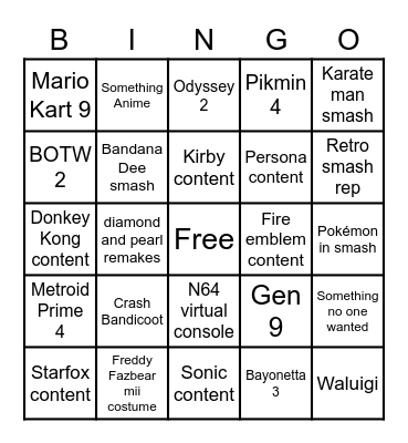 Nintendo direct bingo Card