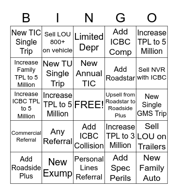 Auto/Travel/Referral Bingo Card