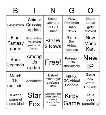 Nintendo Direct Bingo February 2021 Bingo Card