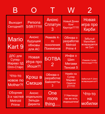 NINTENDO DIRECT 2.18 Bingo Card