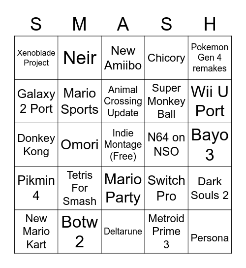 NInTENDO DIRECHATT AAAA Bingo Card