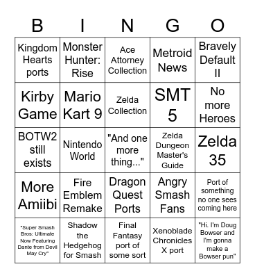 Nintendo Direct Bingo Card