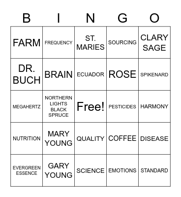 YOUNG LIVING ESSENTIAL OILS BINGO Card