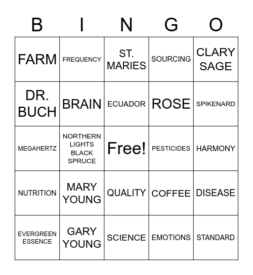 YOUNG LIVING ESSENTIAL OILS BINGO Card