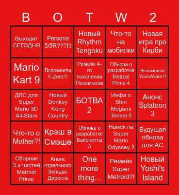Nintendo Direct 2.17 Bingo Card