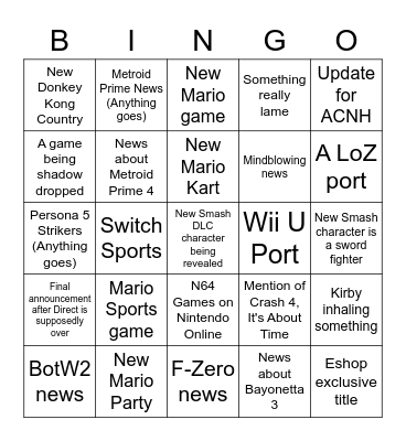 Nintendo Direct Bingo Card