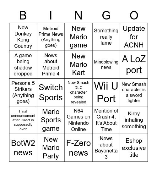 Nintendo Direct Bingo Card