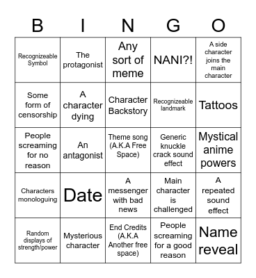 Anime Bingo Card