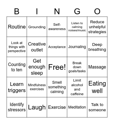 Anxiety Coping Strategies Bingo Card
