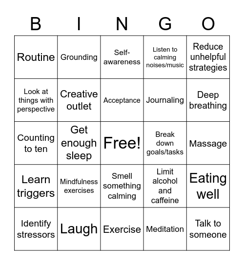 Anxiety Coping Strategies Bingo Card