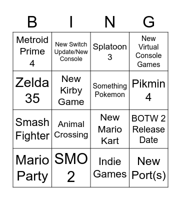 Nintendo Direct 02/17/2021 Bingo Card